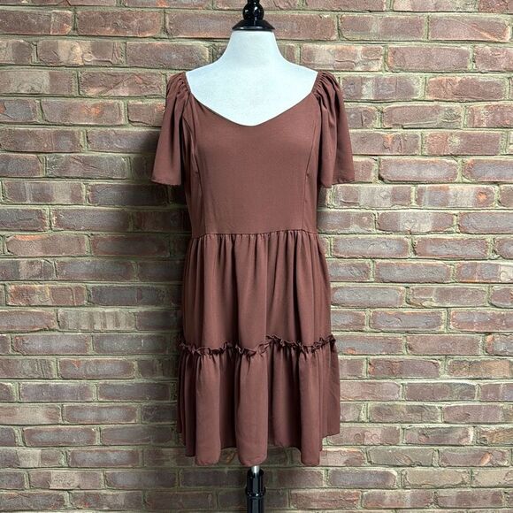 C+D+M Brown Flutter Sleeve Babydoll Dress Size XL NEW - Picture 2 of 8